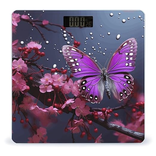 Digital Bathroom Scale for Body Weight Scale with Bright LCD Display High Accuracy Step-On Technology Auto On/Off Purple Plum Butterfly Digital Scales 400 Lbs /180kg