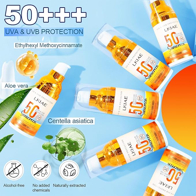 LKIAE Spf 50+ Sunscreen UVA UVB Protection Prevent Sunburn Skin Darkening Pigmentation Anti-Wrinkles With Aloe Vera Travel Size 2 oz (Pack of 5)