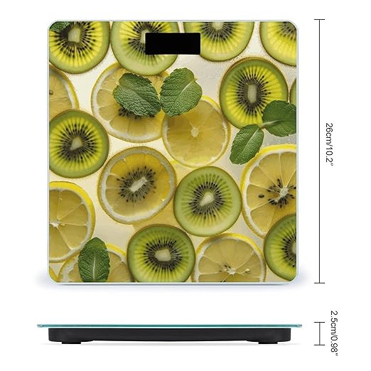 Sliced Lemon and Kiwi in Drink Scale for Body Weight Anti-Slip Tempered Glass Digital Bathroom Scales Clear LCD Display Weighing Scale Safe Rounded Corners Smart Scales