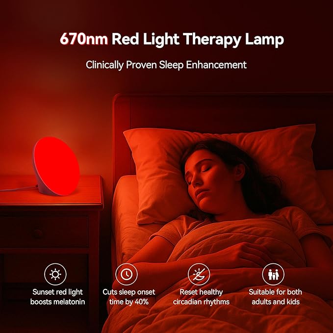 670nm Red Light Therapy Sleep Device &amp 10000 Lux Sun Lamp – Dual Function Sleep Aid and Sunlight Lamp Red Night Light Lamp to Support Deep Relaxation and Improve Sleeping for Adult &amp Kid Bed