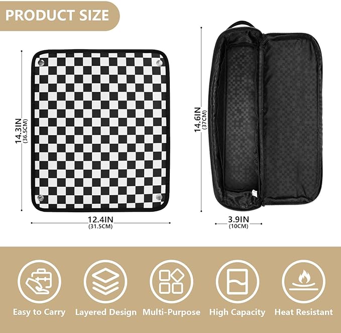 Hair Tools Travel Bag with Heat Resistant Mat Detachable 2-in-1 Curling Iron Travel Case Hot Tools Organizer for Straightener Flat Iron Checkered Black and White