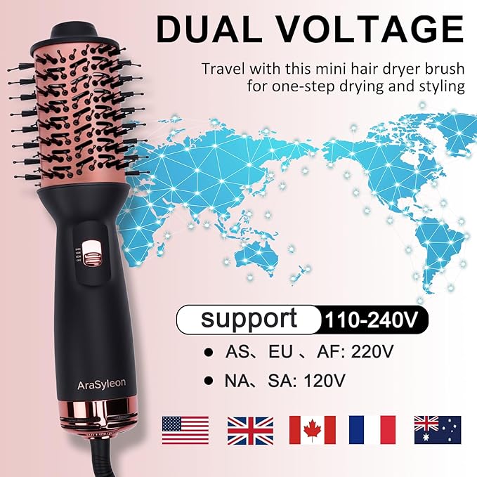 Dual Voltage Travel Hair Dryer Brush Small Portable Ionic Powerful Blow Dryer Drying Straightening Curling in One Step Suitable for Women &amp Kids with Long Hair