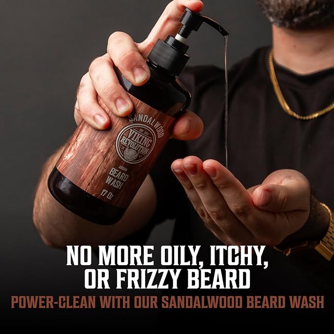 Viking Revolution Beard Wash &amp Beard Conditioner Set with Argan &amp Jojoba Oils - Softens and Strengthens - Natural Sandalwood Scent - Beard Shampoo with Beard Oil (17 oz)