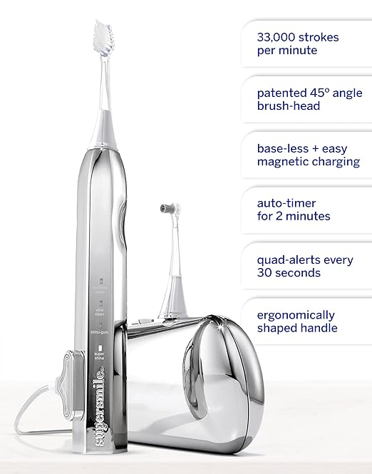 Supersmile Zina45™ Deluxe Sonic Pulse Toothbrush – Rechargeable Electric Brush with Angled Head &amp Travel Case – for Whiter Teeth and Healthier Gums