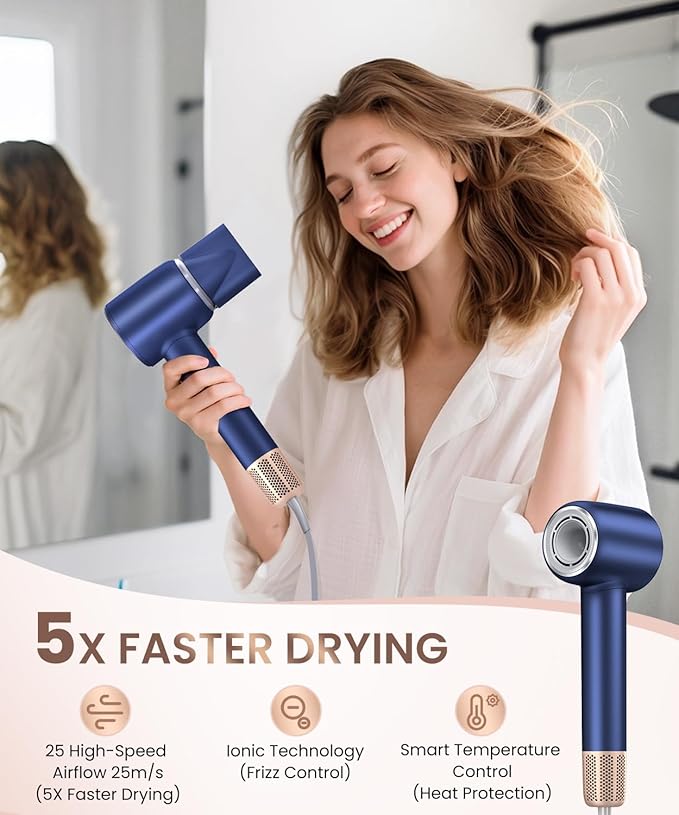 Hair Dryer 140000 RPM High-Speed Brushless Motor Negative Ionic Low Noise Blow Dryer for Fast Drying Thermo-Control Quiet Compact with Magnetic Nozzle for Home Travel Salon UseBlue