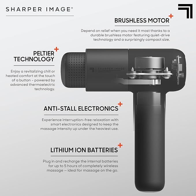 Sharper Image Deep Tissue Percussion Massage Gun Powerboost Pro+ Hot &amp Cold Rechargeable Handheld Massager 6 Adjustable Speeds 6 Attachment Heads &amp Carrying Case Muscle Pain Relief Black