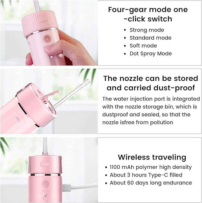 Electric Water Flosser Cordless Slide Dental Oral Irrigator with 4 Modes &amp Replaceable Jet Tips Portable Pull-Out Rechargeable Waterproof Teeth Cleaner for Home Travel (Pink)