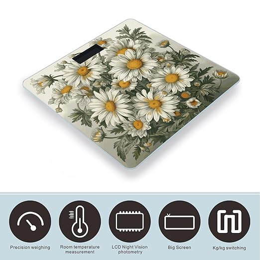 Watercolor Daisy Scale for Body Weight Anti-Slip Digital Bathroom Scale Sturdy Toughened Glass Weighing Scales High Precision Safe Rounded Corners Smart Scales