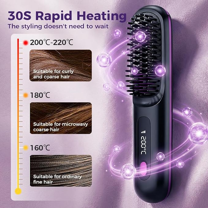 Go Brush Cordless Hair Straightener 2026 Go Brush Portable Cordless Hair Straightener Brush with LCD Temperature Display Fast Heating Straightener Brushs for Travel and Daily Use (Purple)