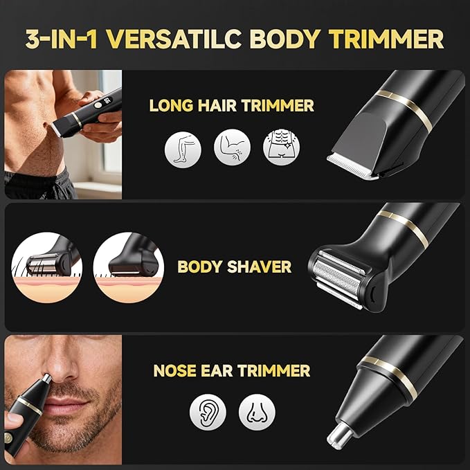 Beard Trimmer for Men IPX7 Waterproof Body Hair Trimmer Electric Razor Shaver Body Grooming Kit Wet/Dry Use for Groin Nose Ear Hairs Beard Legs Chest (Black)