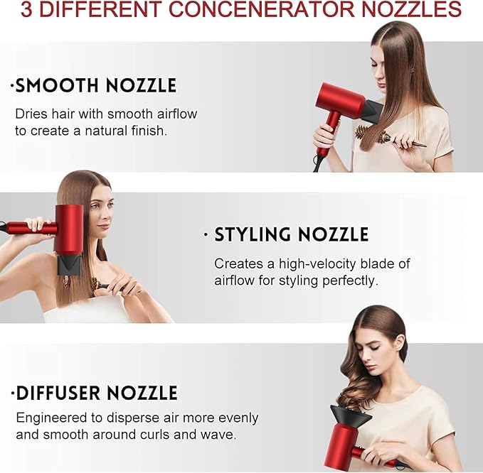 Slopehill Professional Ionic Hair Dryer Powerful 1800W Fast Drying Low Noise Blow Dryer with 2 Concentrator Nozzle 1 Diffuser Attachments for Home Salon Travel (Agate Red)