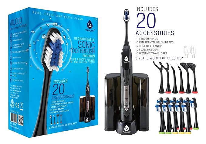 Pursonic S520 Rechargeable Sonic Toothbrush- Includes 20 accessories: 12 Brush Heads &amp More Black