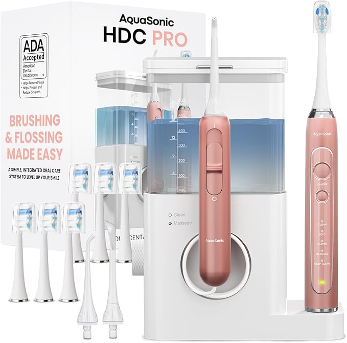 AquaSonic Home Dental Center PRO – Brushing &amp Flossing Made Easy – Brush &amp Floss – Power Toothbrush &amp Water Flosser – Whiter Teeth &amp Healthier Gums
