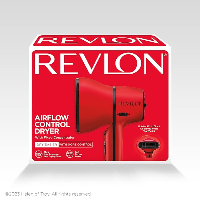 REVLON Airflow Control Hair Dryer with Diffuser - 1875W Blow Dryer Head Rotates 90° for Total Control Wider Head for Less Drying Time Reduces Frizz (Red) (Pack of 2)