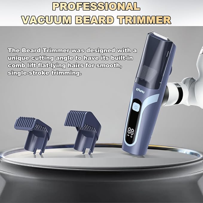 Beard Trimmer for men Vacuum Mustache Trimmer with Type-C Charging IPX7 Waterproof Electric Shaver Body Hair Trimmer for Men with LCD Display Length Adjustable Blade Wheel (1/25-4/5) (Blue)