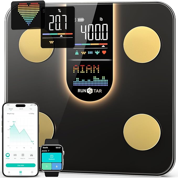RunStar Scale for Body Weight Smart Scale with 8-in-1 VA Display High Precision Bathroom Digital Scale for Body Weight Heart Rate BMI Body Fat 22 Body Composition Sync APP FSA&ampHSA Eligible