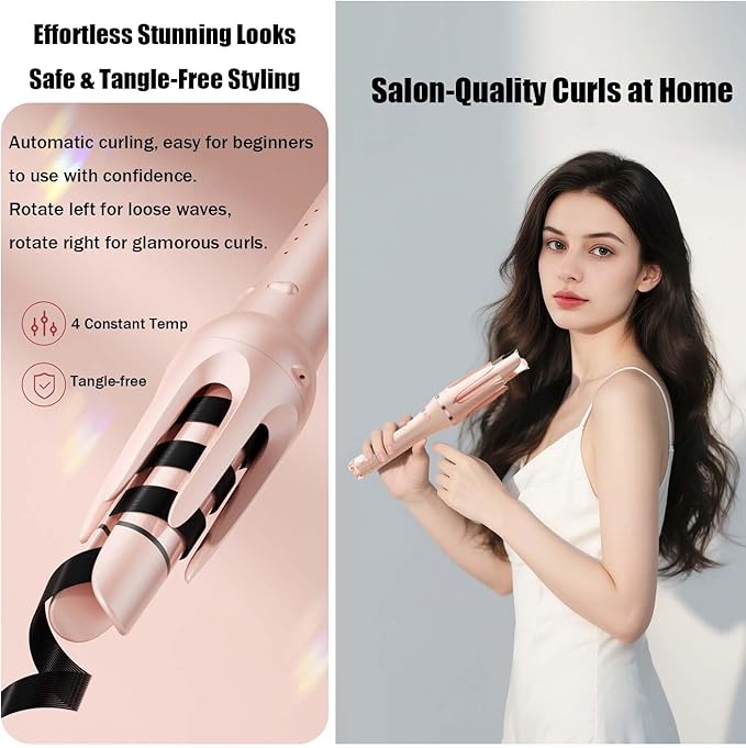 Automatic Curling Iron Hair Curler Salon Styling 4 Const Temp30s Fast Heating2-Way RotationAnti-ScaldAnti-Tangle30Min Auto Shut-OffPlant Protein Coating for Shiny All Hair Types (Gold)