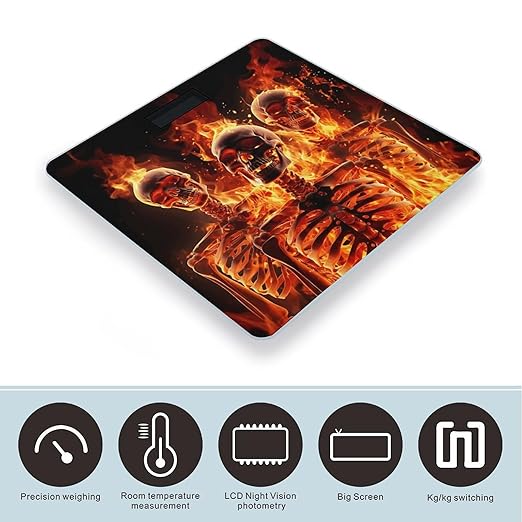 Fire Skeletons Scale for Body Weight Anti-Slip Tempered Glass Digital Bathroom Scales Clear LCD Display Weighing Scale Safe Rounded Corners Smart Scales