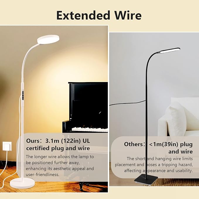 Light Therapy Lamp 3 in 1 Therapy Floor Lighting 11000 Lux Full Spectrum Therapy Lamps UV-Free LED Sunlight 10 Brightness/5 Color/Gooseneck/Height Adjustable Timer Control White