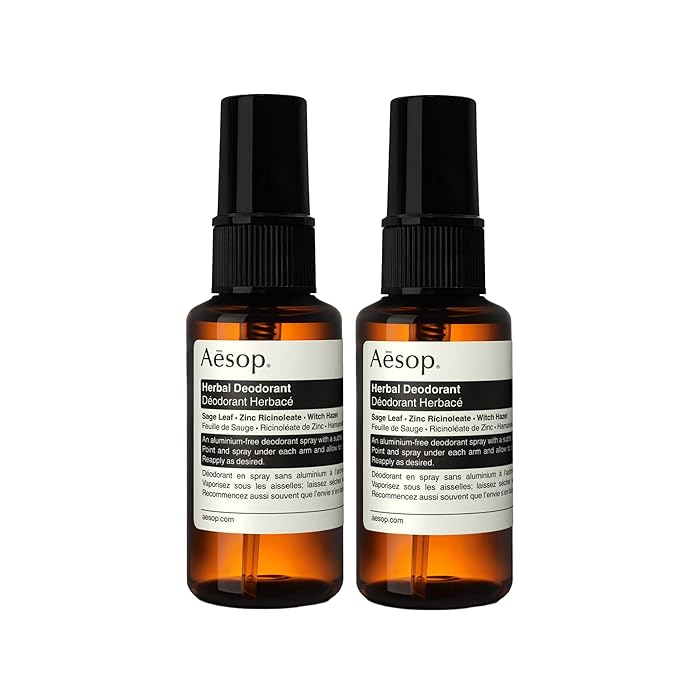 Aesop Aluminum Free Herbal Deodorant Spray for Women &amp Men | Sage Leaf and Zinc to Reduce Odor and Bacteria + Witch Hazel Soothes Skin | Vegan &amp Cruelty-Free | 1.7 oz (Pack of 2)