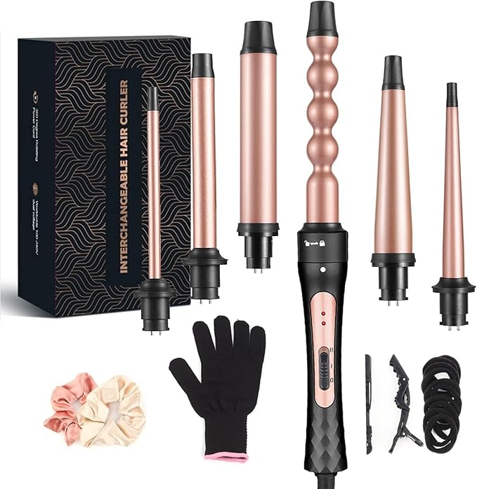 6 in 1 Curling Iron Professional Curling Wand Set Fast Heating Hair Curler with 6 Interchangeable Ceramic Barrels (0.35'' to 1.25'') for Women Quick Create Hairstyle in All Hair Type