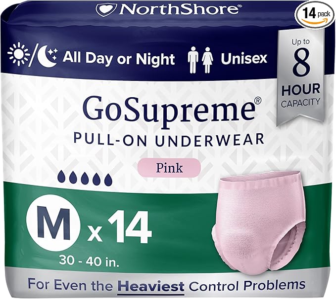 NorthShore GoSupreme Overnight Pull-On Underwear 8-Hour Leak Protection Medium 14-Count Bag Pink (30-40 in Waist) Unisex Adult Diapers