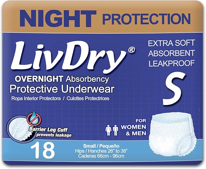 LivDry Adult S Incontinence Underwear Overnight Comfort Absorbency Leak Protection Small 18-Pack