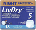 LivDry Adult S Incontinence Underwear Overnight Comfort Absorbency Leak Protection Small 18-Pack