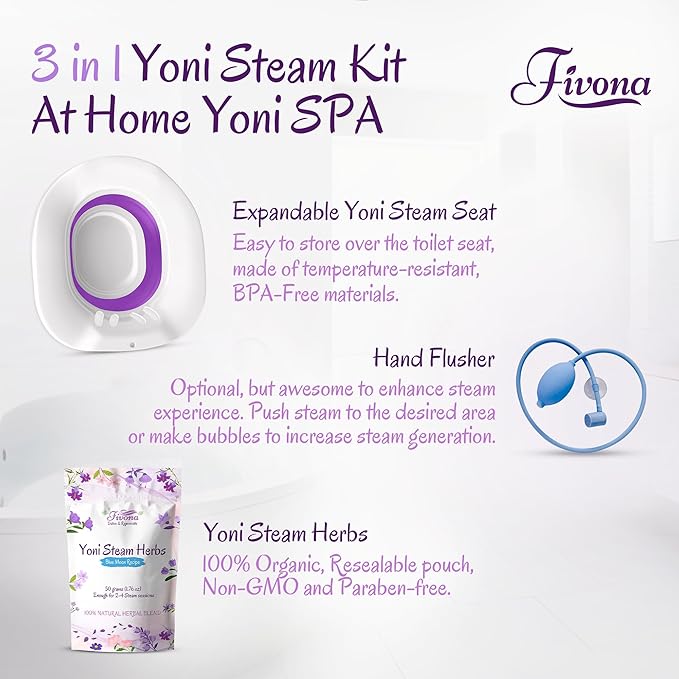 Fivona 3-in-1 Yoni Steam Kit - Bundle of V Steaming Herbs Blue Moon Recipe 1.76 Ounces (2-4 Steams) with Expandable V-Steam Seat and Hand Flusher for Detox Cleansing pH Balance and Odor Control