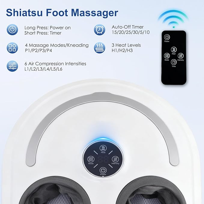 Foot Massager with Heat Shiatsu Feet Massage Machine Deep Kneading Relief for Plantar Fasciitis Air Compression 3 Heat Levels Relax for Home Office Use Gifts for Women Mom Dad White Mothers Day Gifts