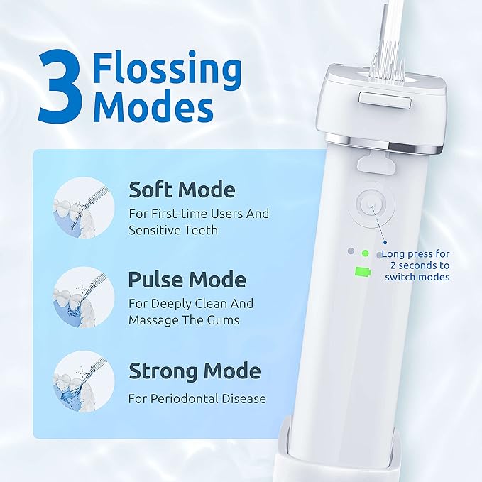 Water Flosser [ Mini Cordless Portable ] Oral Irrigator Water Teeth Cleaner Pick Telescopic Water Tank 3 Modes &amp IPX7 Waterproof Home &amp Travel Water Floss for Teeth Braces Bridges Care (Wh
