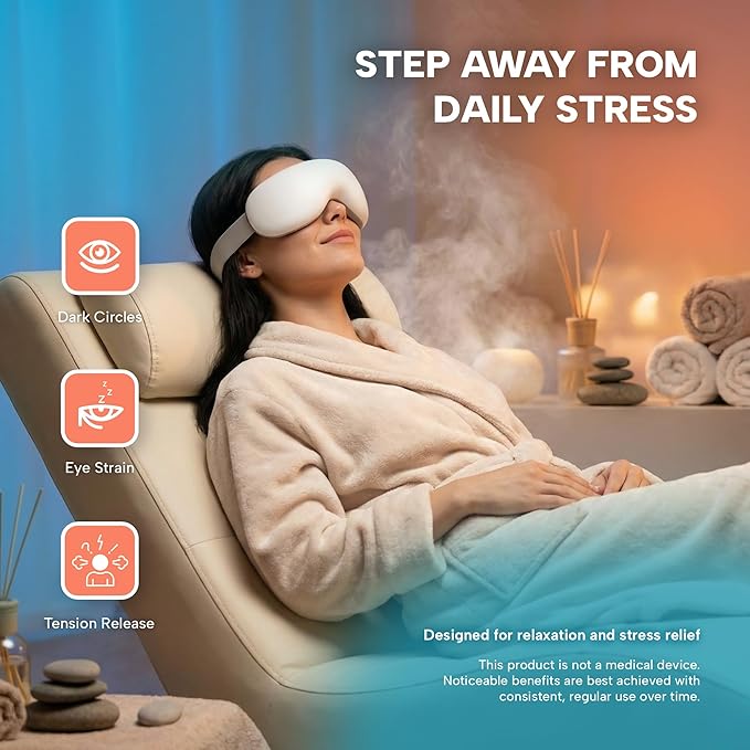 Eye Massager with Heat &amp Cooling | 12 Precision Massage Nodes | Bluetooth Music | 4 Massage Modes | 2400mAh Battery | Relaxation for Eye Strain Dry Eyes Stress &amp Headaches