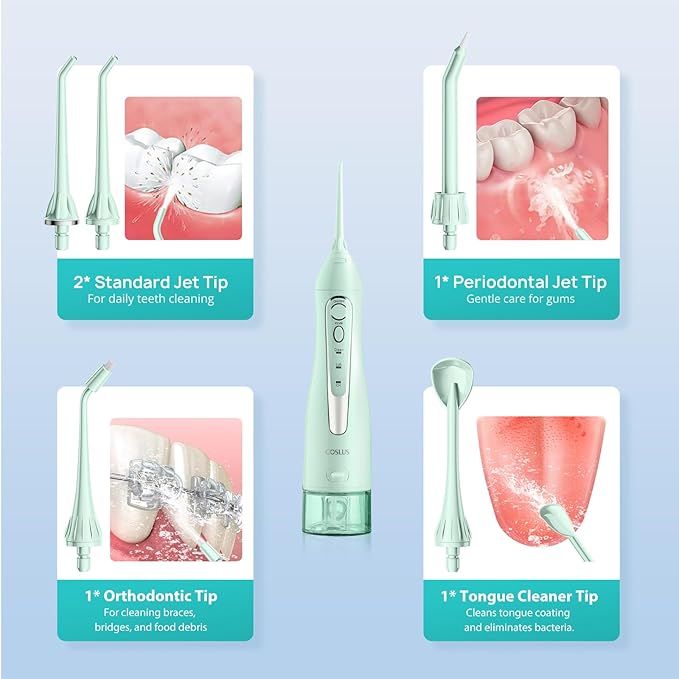 COSLUS Water Dental Flosser Teeth Pick C20(F5020E): Portable Cordless Oral Irrigator 300ML Rechargeable Travel Irrigation Cleaner IPX7 Waterproof Electric Flossing Machine for Teeth Cleaning Green