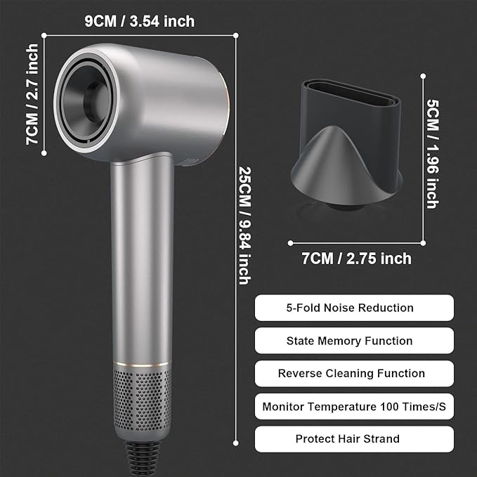 Hair Dryer - 110000 RPM High-Speed Brushless Motor Negative Ionic Blow Dryer for Fast Drying Low Noise Thermo-Control Hair Dryer with Magnetic Nozzle Silvery