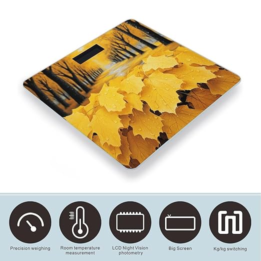 Autumn Yellow Leaves Scale for Body Weight Anti-Slip Tempered Glass Digital Bathroom Scales Clear LCD Display Weighing Scale Safe Rounded Corners Smart Scales