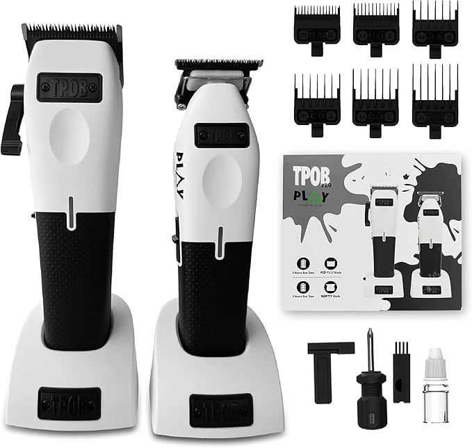 TPOB Play Barber Hair Clippers &amp Trimmer for Men 7500 RPM with Rubber Grips (White 2 Set)