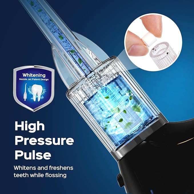 COSLUS Cordless Water Flosser &amp Dental Pick Advanced 10 Pressure Settings for Multiple Users + COSLUS Whitening Water Flosser Replacement Tips with 60 Pcs Mint Refills: Compatible with C20 (F5020E
