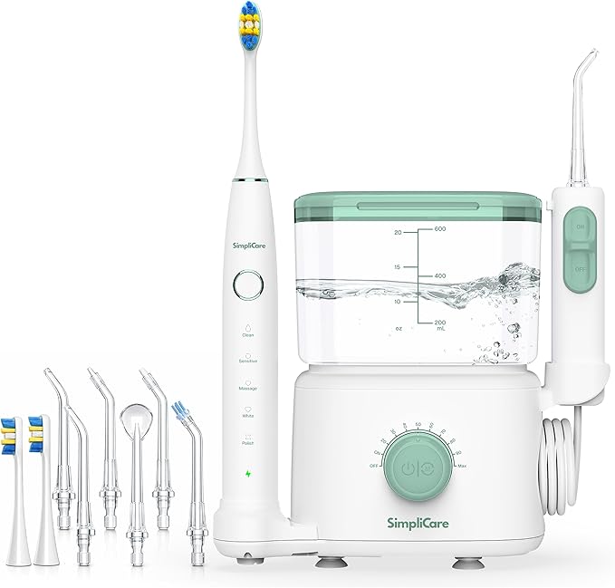 Water Flosser Oral Irrigator &amp Electric Toothbrush Combo – 20 oz Dental Cleaner 10 Adjustable Pressure Levels for Teeth/Braces 6 Jet Tips 2 Brush Heads Quiet BPA-Free