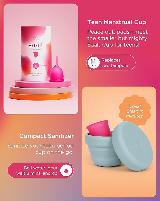 Saalt Teen First Period Kit - Includes Leakproof Period Underwear Menstrual Cup Menstrual Cup Wash Compact Sanitizer Feminine Wipes Storage Bag Saalt Stickers &amp Period Care 101 Booklet - Sma