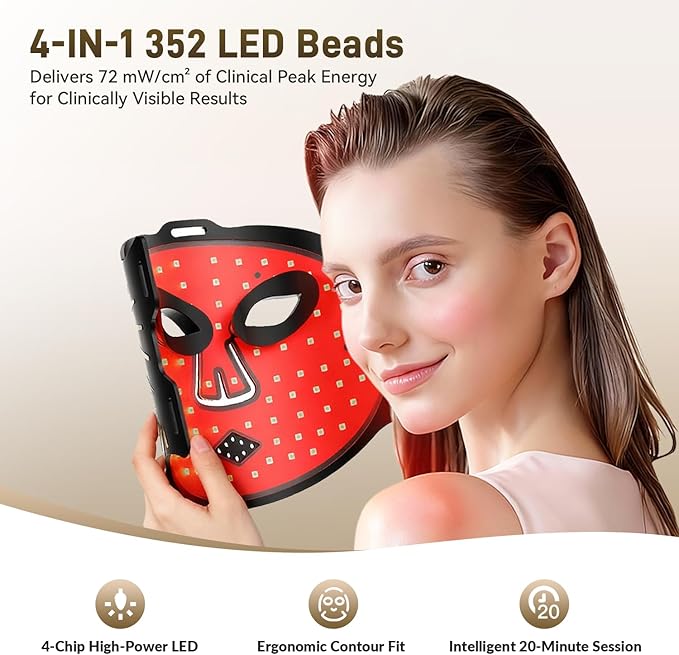 HSA FSA Gracekey Red Light Therapy for Face 4-in-1 Colors LED Facial Light Therapy Mask Dual 2000mAh Rechargeable Light Therapy with Timer for Home Use