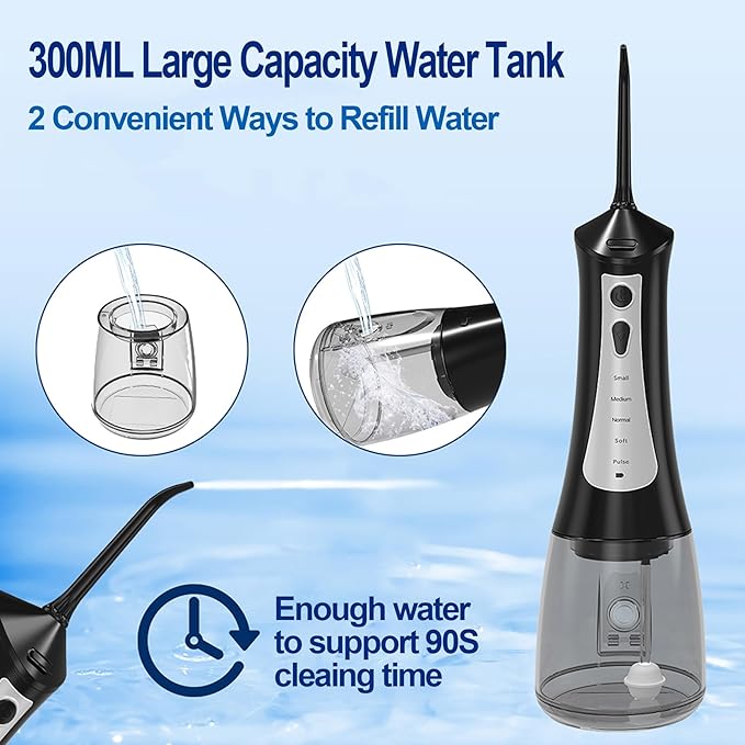 Cordless Water Flosser for Teeth Cleaning 300ML Portable Electric Water Flossers with 5 Modes &amp 6 Jet Tips for Braces Gums Teeth Cleaning IPX7 Waterproof Oral Irrigator for Adults/Kids Black