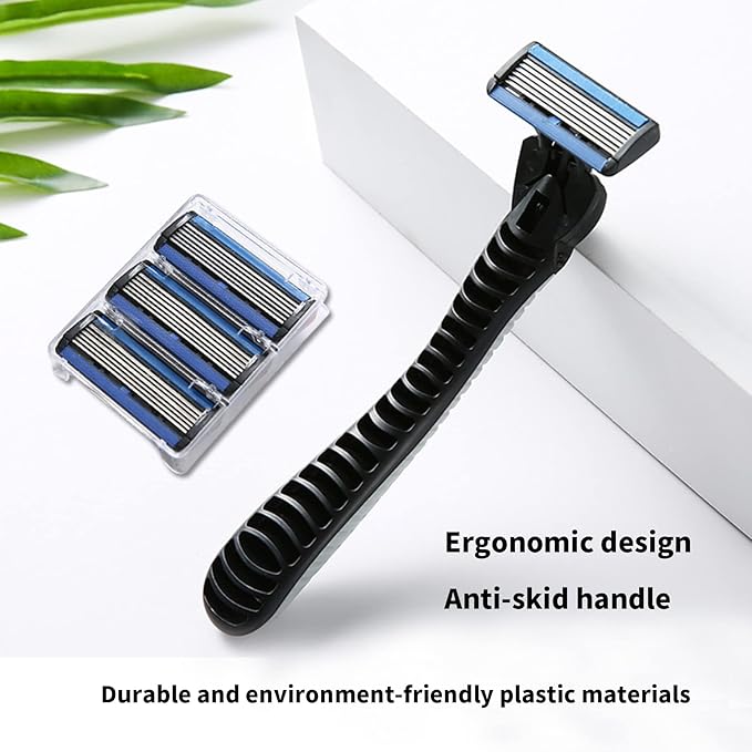 6-Blade RazorPlastic Anti-slip Men Manual Refill Cartridges razors Reusable Face Cleansing Care Tool 30 pcs refill cartridges Shave Supplies for Men and Women - Black