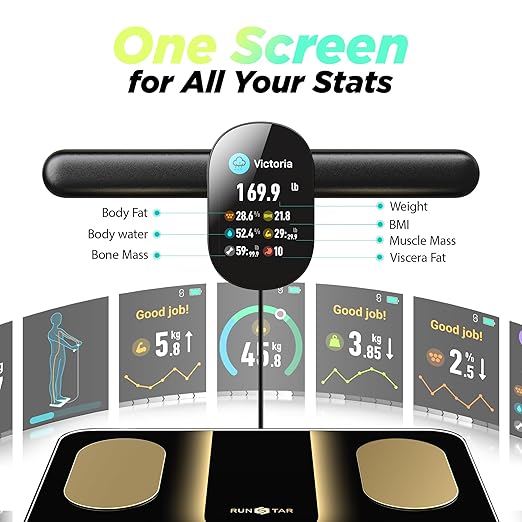 RunStar Smart Scale FSA&ampHSA Eligible 8 Electrodes Digital Bathroom Scale for Body Weight and Fat BMI Muscle Mass 28 Body Composition Measurement with Full-Color TFT LCD on Retractable Handle