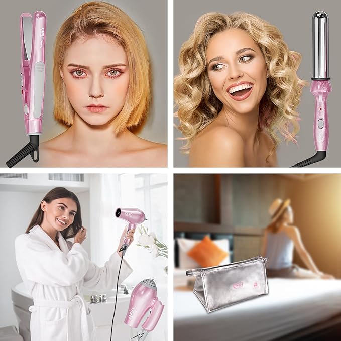 DAN Technology Hair Styling Set Including Travel Hair Dryer Mini Flat Iron and Travel Curling Iron with European Plug Dual Voltage Portable Storage Bag Pink
