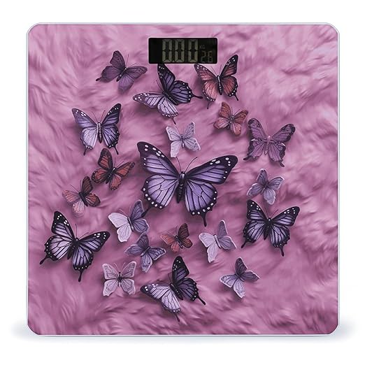 Butterflies are on Purple Background Bathroom Scale Automatic Power On/Off Body Scales LCD Backlight Display Square Digital Scale Rounded Corners Bathroom Scales for Home Bedrooms