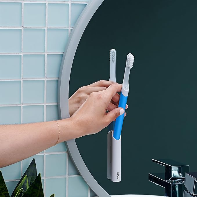 Quip Sonic Electric Toothbrush for Adults - Time Travel &amp Soft Bristles with Travel Case &amp Replacement Brush Head - 3 Month Battery Life Plastic Handle - Blue
