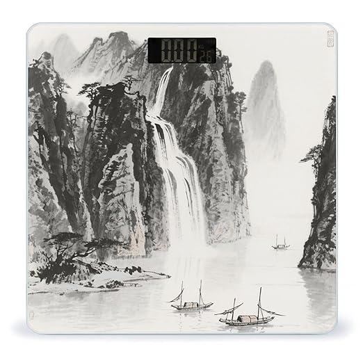 Ink Painting Landscape Weight Scale Large Bathroom Scales Digital Weight with Bright LED Display Non Slip Automatic Weighing Scale Fashion Weighing Machine for Body