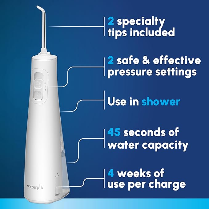 Waterpik Cordless Pulse 3100 Rechargeable Portable Water Flosser for Teeth Gums Braces Care and Travel with 2 Flossing Tips Waterproof for Shower Use ADA Accepted WF-20 White Amazon Exclusive
