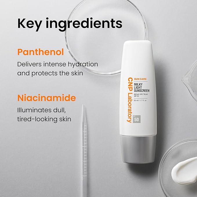 CNP Daily Milky Light Sunscreen (1.7 fl. oz.) - Broad Spectrum SPF 50 UV Protection with Niacinamide for Face &amp Body No White Cast Fast Absorbing Non-Greasy Finish Gifts for Women