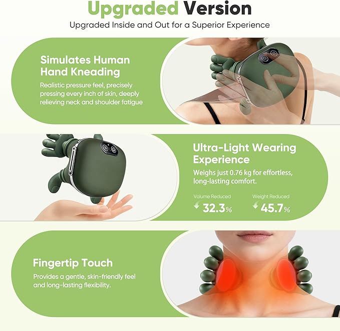 Shoulder and Neck Massager Bionic Heated Massager Neck Massager with Fingers 4D Kneading Massage Simulates a Real Palm Massage for Comfort Relax Muscle Tension (Green)